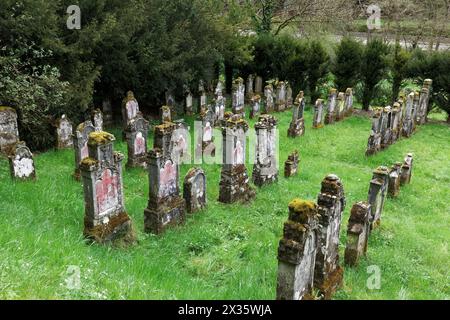 Cimetière juif du XVIIIe siècle, pierres tombales altérées, Sulzburg, Markgraeflerland, haute Forêt-Noire, Bade-Wuertemberg, Allemagne Banque D'Images