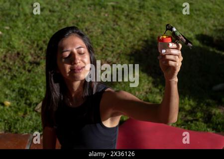 Jeune femme latino-américaine (25) tient une mangeoire de colibris dans ses mains alors qu'elle se nourrit de nourriture spécialement préparée pour l'oiseau. Mise au point sélective sur le h. Banque D'Images