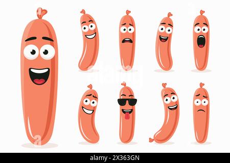 Personnages mignons et drôles de saucisse de dessin animé dans différentes poses et émotions. Jeu de caractères de saucisse Flat Cartoon. Illustration vectorielle Illustration de Vecteur