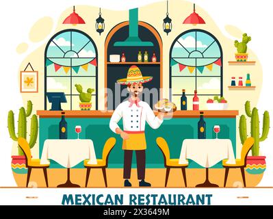 Restaurant mexicain illustration vectorielle avec divers de délicieux tacos de cuisine traditionnelle, nachos et autres sur fond de dessin animé plat Illustration de Vecteur