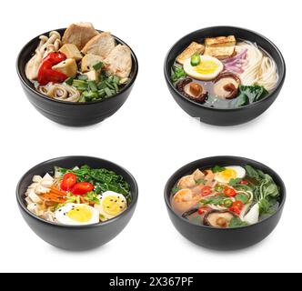 Bols de délicieux ramen avec différents ingrédients isolés sur blanc, mis. Soupe de nouilles Banque D'Images