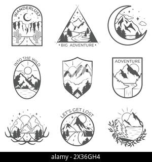Ensemble de neuf badges de montagne et d'aventures en plein air vectoriels. Modèles vectoriels et badges avec montagnes, arbres, tente Illustration de Vecteur