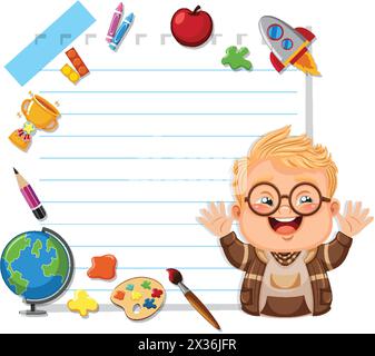 Garçon joyeux entouré d'articles éducatifs et de jouets. Illustration de Vecteur