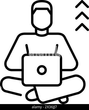 Homme travaillant à l'ordinateur portable avec des flèches derrière elle. Évolution de carrière et réussite dans les emplois éloignés. Icône Pixel Perfect Illustration de Vecteur