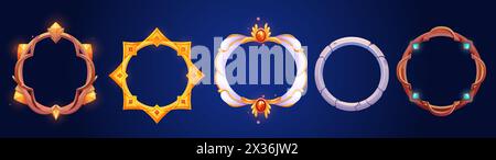 Cadres décoratifs de cercle d'avatar pour la conception d'interface utilisateur de jeu. Ensemble d'illustration vectorielle de dessin animé de bordures médiévales d'anneau en or, en métal, en pierre et en bois avec des pierres précieuses et un espace vide pour la réalisation et le prix. Illustration de Vecteur