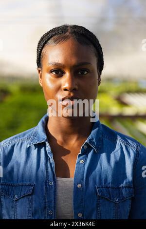 Agricultrice afro-américaine dans une serre hydroponique Banque D'Images