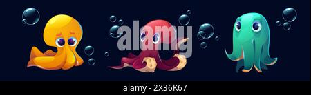 Personnage mignon de poulpe. Dessin animé Sea Baby Squid. Animal drôle avec clipart de dessin de tentacule. Monstre kraken sous-marin en rouge et orange. Collection D'actifs de jeu de créatures océaniques amies des invertébrés Illustration de Vecteur