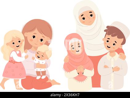 Heureuse famille. Mignonne femme islamique en hijab et mère à la peau claire avec fils et fille souriants. Style de dessin animé plat d'illustration vectorielle. Cha Illustration de Vecteur