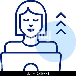 Femme souriante à l'ordinateur portable et flèches vers le haut. Parcours professionnel réussi. Icône de contour pixel Perfect, modifiable Illustration de Vecteur