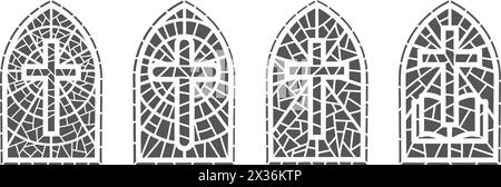 Fenêtres en verre d'église. Mosaïque colorée cadres catholiques et chrétiens avec croix. Vectoriel contour gothique arches médiévales isolées sur fond blanc Illustration de Vecteur