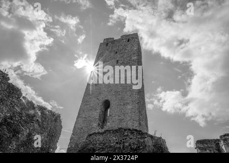 Le soleil projette un éclat de lumière rayonnant à côté des imposants vestiges du château d'Okor près de Prague, capturés dans des tons monochromatiques saisissants. Tchéquie. Photographie noir et blanc. Banque D'Images