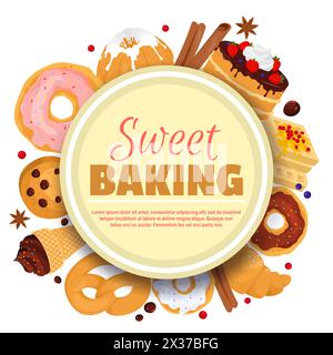 Modèle d'affiche ronde de cuisson sucrée avec un design de desserts savoureux Illustration de Vecteur