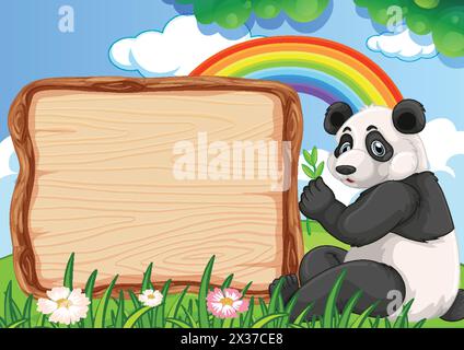 Panda tenant une feuille à côté d'un panneau en bois. Illustration de Vecteur