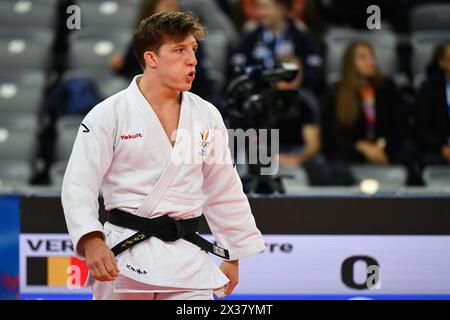 Zagreb, Croatie. 25 avril 2024. Le belge Jorre Verstraeten photographié lors d'un combat dans la compétition masculine de -60 kg aux Championnats d'Europe de judo à Zagreb, Croatie, le jeudi 25 avril 2024. Le tournoi se déroule du 25 au 27 avril. BELGA PHOTO NIKOLA KRISTC crédit : Belga News Agency/Alamy Live News Banque D'Images