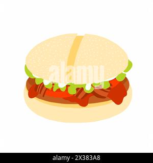 Hamburger avec escalope de bœuf, bacon coupé, ketchup, sauce Mayo, tranches de tomates fraîches et feuille de salade. Icône dans le style plat de dessin animé. Illustration vectorielle isolée Illustration de Vecteur