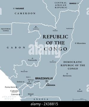 République du Congo, carte politique grise. Aussi connu sous le nom de Congo, un pays situé sur la côte ouest de l'Afrique centrale, avec la capitale Brazzaville. Banque D'Images