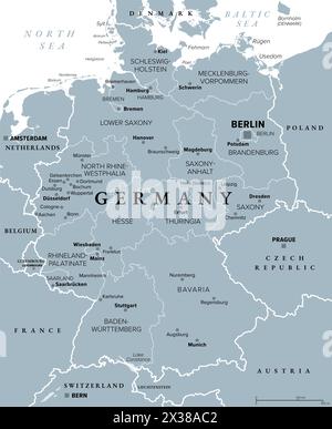 Allemagne, officiellement République fédérale d'Allemagne, carte politique grise. Pays en Europe centrale avec la capitale Berlin. Banque D'Images