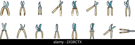 Icônes sécateurs définir le vecteur de contour. L'agriculture a coupé. Couleur de ligne mince de ferme de jardin plat sur blanc Illustration de Vecteur
