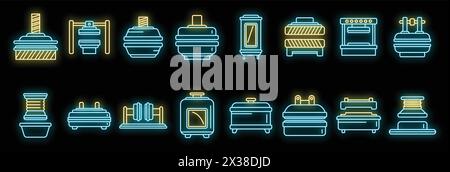 Les icônes des machines de forme de presse définissent le vecteur de contour. Fabrication de formations. Équipement d'action couleur néon sur noir Illustration de Vecteur