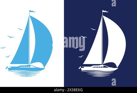 Silhouette moderne de yacht à voile avec goélands. Modèle vectoriel sur fond transparent et sombre Illustration de Vecteur