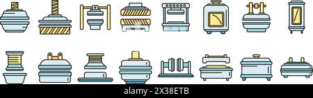 Les icônes des machines de forme de presse définissent le vecteur de contour. Fabrication de formations. Couleur de ligne mince d'équipement d'action plat sur blanc Illustration de Vecteur