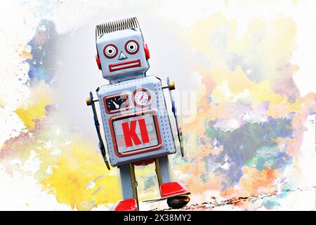 FOTOMONTAGE, Roboterfigur mit Aufschrift Ki *** FOTOMONTAGE, figurine robot avec inscription ai Banque D'Images