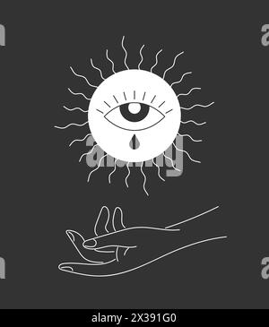 Œil céleste ésotérique en signe de soleil solstice d'été léviter sur la main de la femme. Symbole linéaire de vacances d'équinoxe de spiritualité. Logo de contour de tatouage mystique. Logotype eps de vecteur de style d'été bohémien Illustration de Vecteur