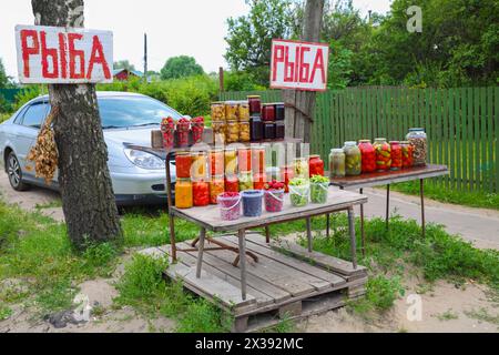 Vente de cornichons dans le village - de nombreux bocaux en verre avec des champignons, des légumes dans le village, traduction de texte rouge - poisson, poisson Banque D'Images