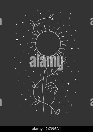 Signe solaire de solstice d'été céleste ésotérique léviter sur la main de la femme avec feuillage. Symbole linéaire de vacances équinoxe mystique. Logo de contour de tatouage de spiritualité. Logotype eps style Boho Summertime Illustration de Vecteur