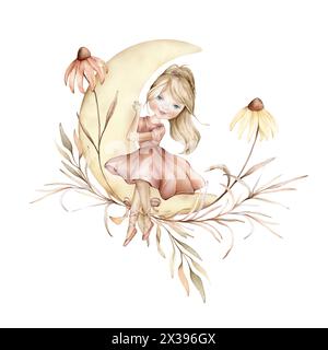 Blonde jeune fille ballerine dans une robe rose et chaussons se trouve sur la lune. Illustration dessinée à la main en isolé sur fond blanc. Dreamer Girl et Banque D'Images