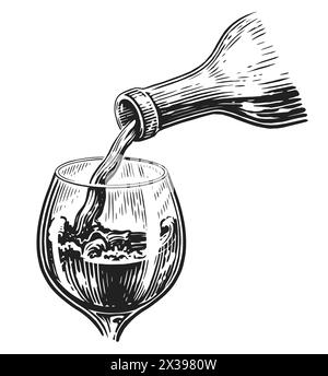 Boisson de vin versant de la bouteille dans le verre. Style de gravure d'illustration d'esquisse dessinée à la main Illustration de Vecteur