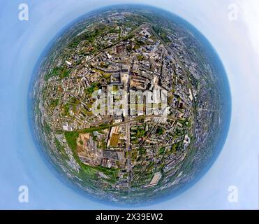 Luftbild, Innenstadt City Ansicht mit Rathaus, Erdkugel, Fisheye Aufnahme, Fischaugen Aufnahme, 360 Grad Aufnahme, petit monde, petite planète, fisheye Bild, Gleisdreieck, Bochum, Ruhrgebiet, Nordrhein-Westfalen, Deutschland ACHTUNGxMINDESTHONORARx60xEURO *** vue aérienne, vue du centre-ville avec hôtel de ville, globe, image fisheye, image à 360 degrés, monde minuscule, petite planète, image fisheye, Gleisdreieck, Bochum, région de la Ruhr, Rhénanie du Nord-Westphalie, Allemagne ACHTUNGxMINDESTHONORARx60xEURO Banque D'Images