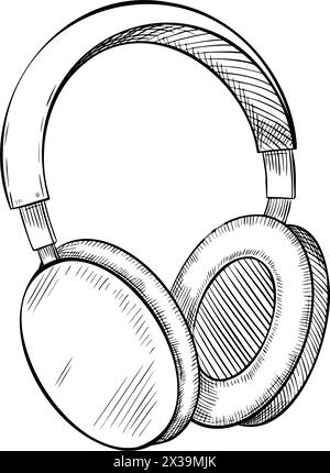 Illustration vectorielle des écouteurs. Dessin de l'écouteur sur fond isolé. Gravure du casque pour icône ou logo dans un style linéaire. Croquis de l'écouteur pour la musique pendant l'entraînement sportif. Illustration de Vecteur