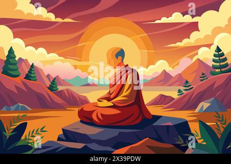 Moine bouddhiste méditant sur la montagne au lever du soleil. Contemplation spirituelle avec paysage à couper le souffle. Concept de bouddhisme, prière, zen et spirituel Illustration de Vecteur