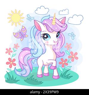 Une licorne de dessin animé mignonne marche dans une clairière avec des fleurs et des papillons. Thème de la magie et de la sorcellerie. Pour la conception pour enfants de tirages, affiches, cartes, Illustration de Vecteur