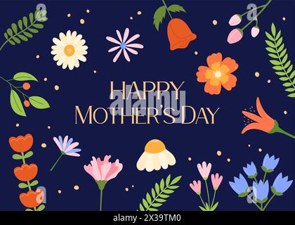 Carte de voeux joyeuse fête des mères. Motif fleuri. Illustration vectorielle. Fleurs mignonnes et texte fête des mères. Fond de fleur abstrait Illustration de Vecteur
