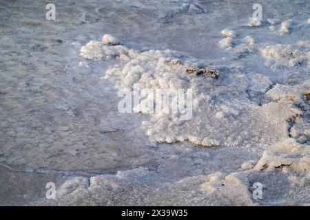 Vue rapprochée des formations de sel blanc et naturel sur la surface cristalline peu profonde d'un corps d'eau salée, met en valeur les textures et les motifs formés par le sel. Banque D'Images