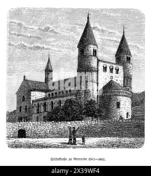 Saint Cyriakus à Gernrode, en Allemagne, est l'un des plus anciens exemples de l'architecture ottonienne. Cette église, fondée au Xe siècle, présente une structure robuste et simple typique du style roman primitif. Ses points forts architecturaux comprennent deux tours symétriques, un plafond en bois et une crypte avec un sarcophage en pierre. L'église est réputée pour ses fresques historiques et ses sculptures qui donnent un aperçu de la vie religieuse médiévale Saint Cyriakus a été un lieu de pèlerinage important, et il reste un témoignage du patrimoine architectural et spirituel de la regio Banque D'Images