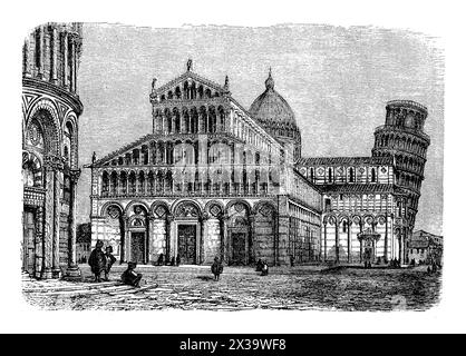 La cathédrale de Pise, située sur l'emblématique Piazza dei Miracoli à Pise, en Italie, est un exemple parfait d'architecture romane. Cette magnifique cathédrale, consacrée en 1118, présente une façade saisissante avec des incrustations de marbre complexes et un célèbre portique à voûte ronde. L'intérieur est tout aussi magnifique, avec de vastes mosaïques et un plafond à caissons. La cathédrale fait partie d'un complexe qui comprend la Tour penchée de Pise et le Baptistère, faisant de toute la région un centre critique de l'art médiéval et de l'architecture et un site du patrimoine mondial de l'UNESCO Banque D'Images