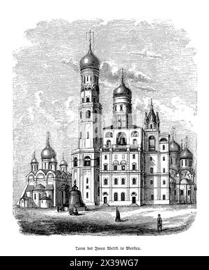 L'Ivan le Grand clocher, situé au cœur du Kremlin de Moscou, est un symbole historique du pouvoir religieux et politique de la Russie. Construite entre les XVIe et XVIIe siècles, elle est la plus haute des tours du Kremlin et sert de clocher principal du complexe. La structure atteint une hauteur de 81 mètres et est surmontée d'un dôme doré et d'une croix. Sa conception architecturale combine des éléments de style russe et byzantin, et la tour abrite une collection de plus de 20 cloches, chacune avec son son propre son. La tour offre une vue panoramique sur tout le Kremlin Banque D'Images