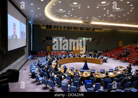 (240425) -- NATIONS UNIES, 25 avril 2024 (Xinhua) -- le Conseil de sécurité de l'ONU tient une réunion sur la situation en Syrie au siège de l'ONU à New York, le 25 avril 2024. L’envoyé spécial des Nations Unies pour la Syrie, Geir Pedersen, a souligné jeudi la nécessité d’une désescalade régionale. (Loey Felipe/photo ONU/document via Xinhua) Banque D'Images