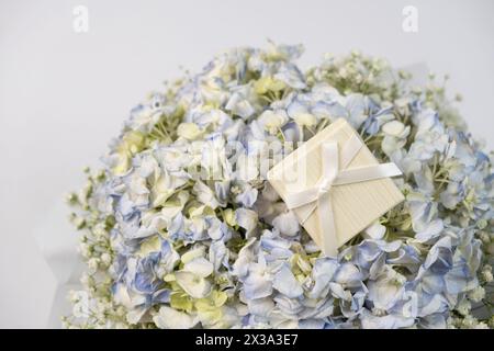 Une boîte cadeau sur un bouquet de fleurs d'hortensia sur un fond blanc Banque D'Images