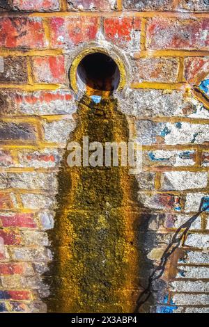 De l'eau s'égouttant d'un tuyau d'évacuation dans un mur de briques colorées vives Banque D'Images