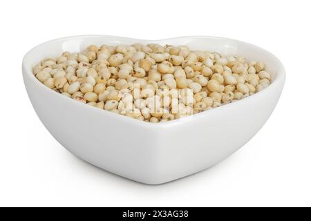 Graines de sorgho dans un bol en céramique isolé sur fond blanc avec pleine profondeur de champ. Banque D'Images