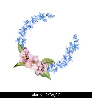 Fleurs de printemps wreah avec fleur de pomme rose et bleu premières fleurs proleski cadre aquarelle. Floral, arrangement botanique pour mariage, invitation Banque D'Images