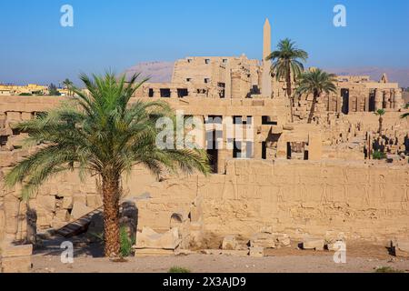 Vue panoramique sur les obélisques de la reine égyptienne Hatshepsout et pharao Thoutmôsis Ier au temple de Karnak à Louxor, Égypte Banque D'Images