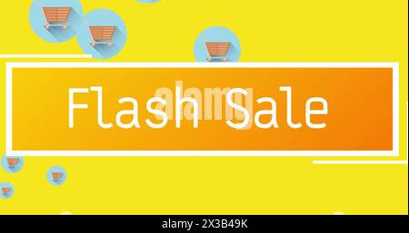 Image du texte de vente Flash sur la bannière orange contre plusieurs icônes de panier sur fond jaune Banque D'Images