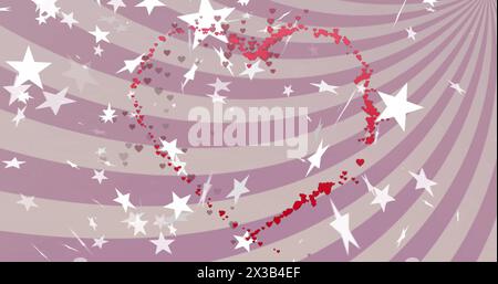 Image de petits coeurs et étoiles tombant sur un motif en spirale sur fond violet Banque D'Images