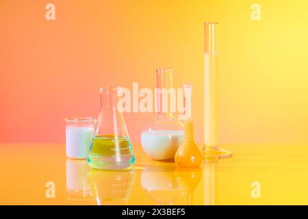 Vue avant de différents types de verrerie de laboratoire remplis de liquide coloré décoré sur fond jaune et rose dégradé. Exper de laboratoire Banque D'Images