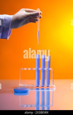 Un scientifique professionnel fait couler un peu de liquide d'une pipette vers quelques tubes à essai affichés sur un rack. Une boîte de Pétri avec produit chimique bleu en vedette. Test Banque D'Images